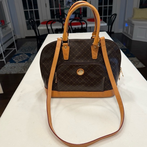 RIONI Signature Dome Handle/shoulder Bag Brown Canvas W/ Tan Leather Trim NEW! - Picture 7 of 15